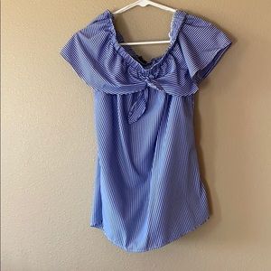 Blue and white pinstripe ruffle shirt- size Large